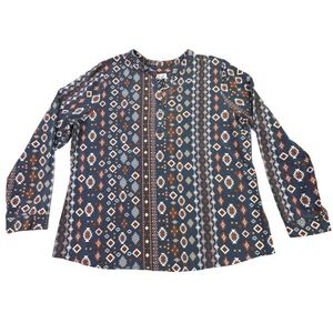 D&Co‎ Women's Long Sleeve V-Neck Shirt Blue Tribal Aztek Print Orange White